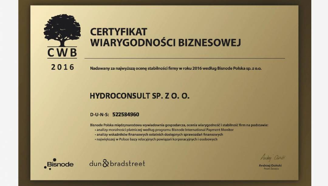 Otrzymaliśmy Złoty Certyfikat Wiarygodności Biznesowej (CWB) Bisnode Polska Sp. z o.o.